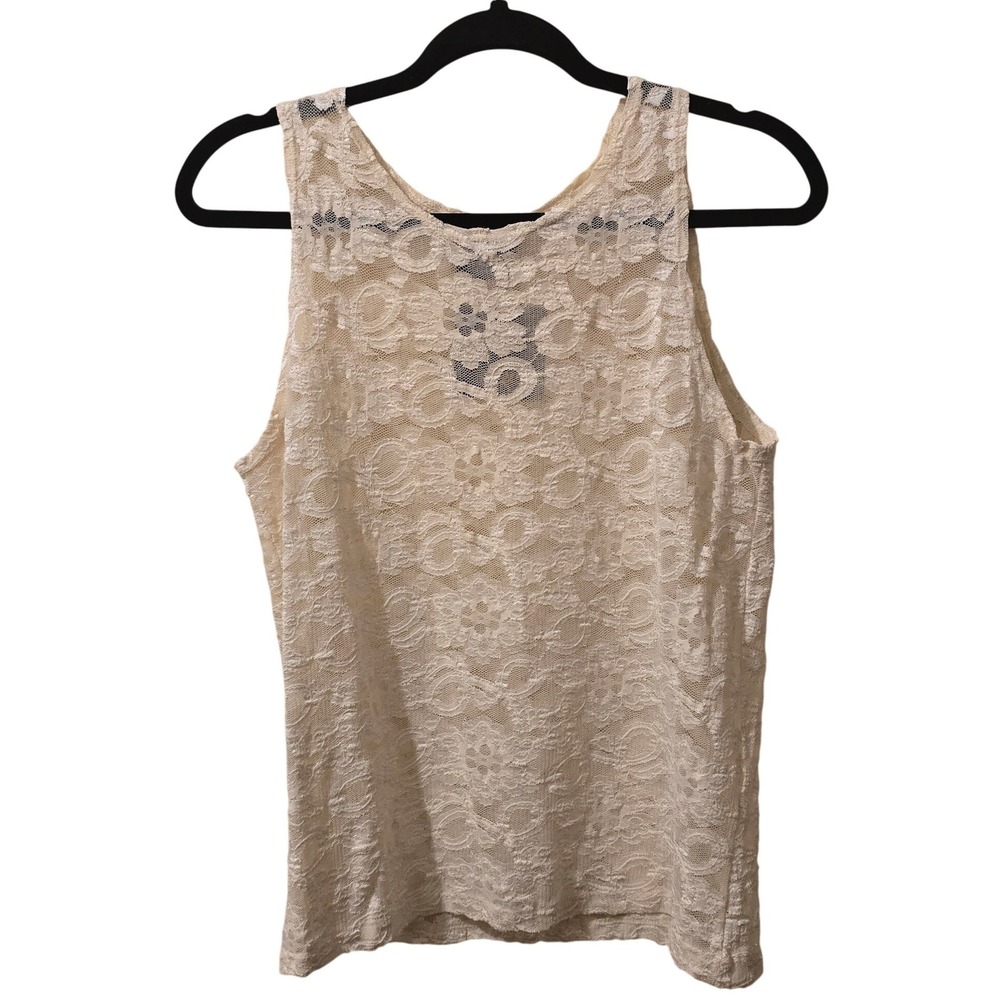 Vintage 90s Jacque & KoKo Lace Tank Top Women 14/16 Cream Floral Sheer Layering